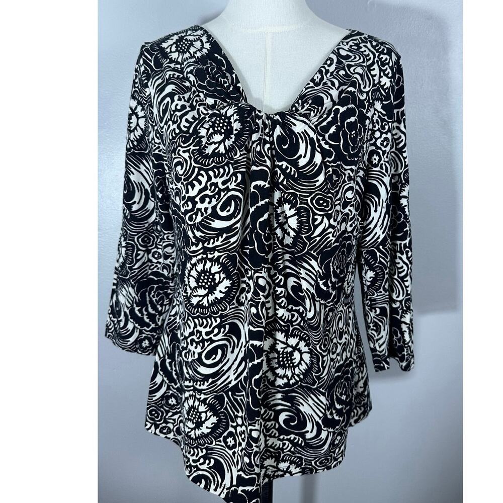 Talbots Black & White Floral V-Neck Knit Blouse L